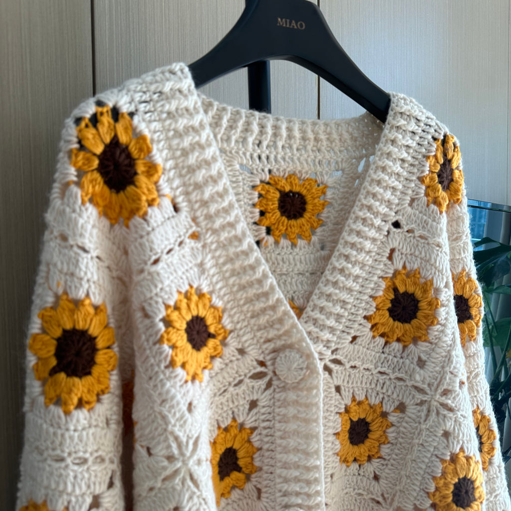 Women's Handknitted Sweater Cardigan Outfits 3D Hollow Sunflowers Crochet Design Cozy Fashion  Knitwear Knitting Tops Long Sleeve