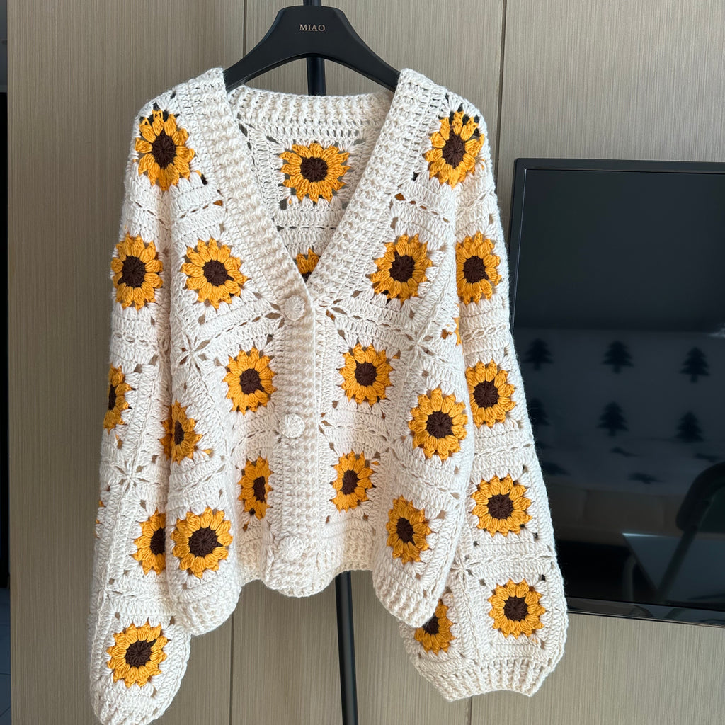 Women's Handknitted Sweater Cardigan Outfits 3D Hollow Sunflowers Crochet Design Cozy Fashion  Knitwear Knitting Tops Long Sleeve