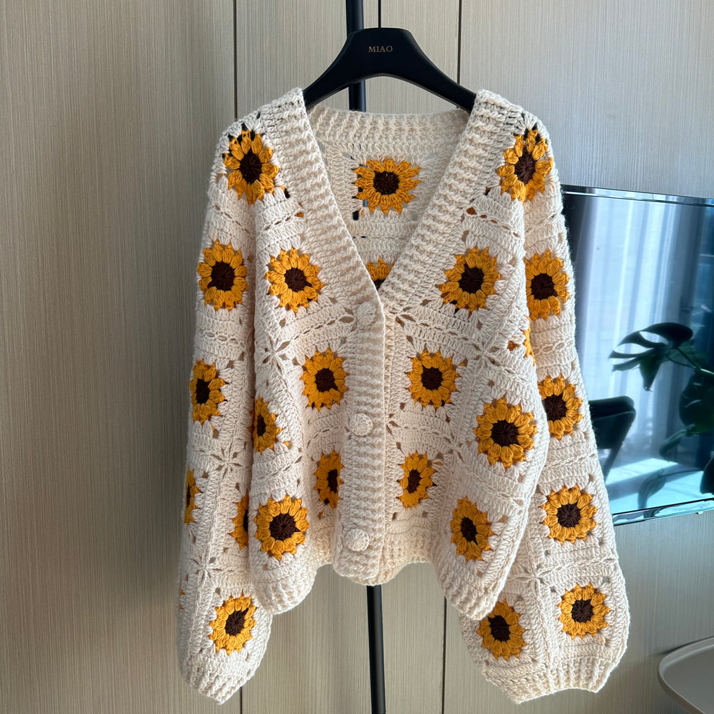 Women's Handknitted Sweater Cardigan Outfits 3D Hollow Sunflowers Crochet Design Cozy Fashion  Knitwear Knitting Tops Long Sleeve