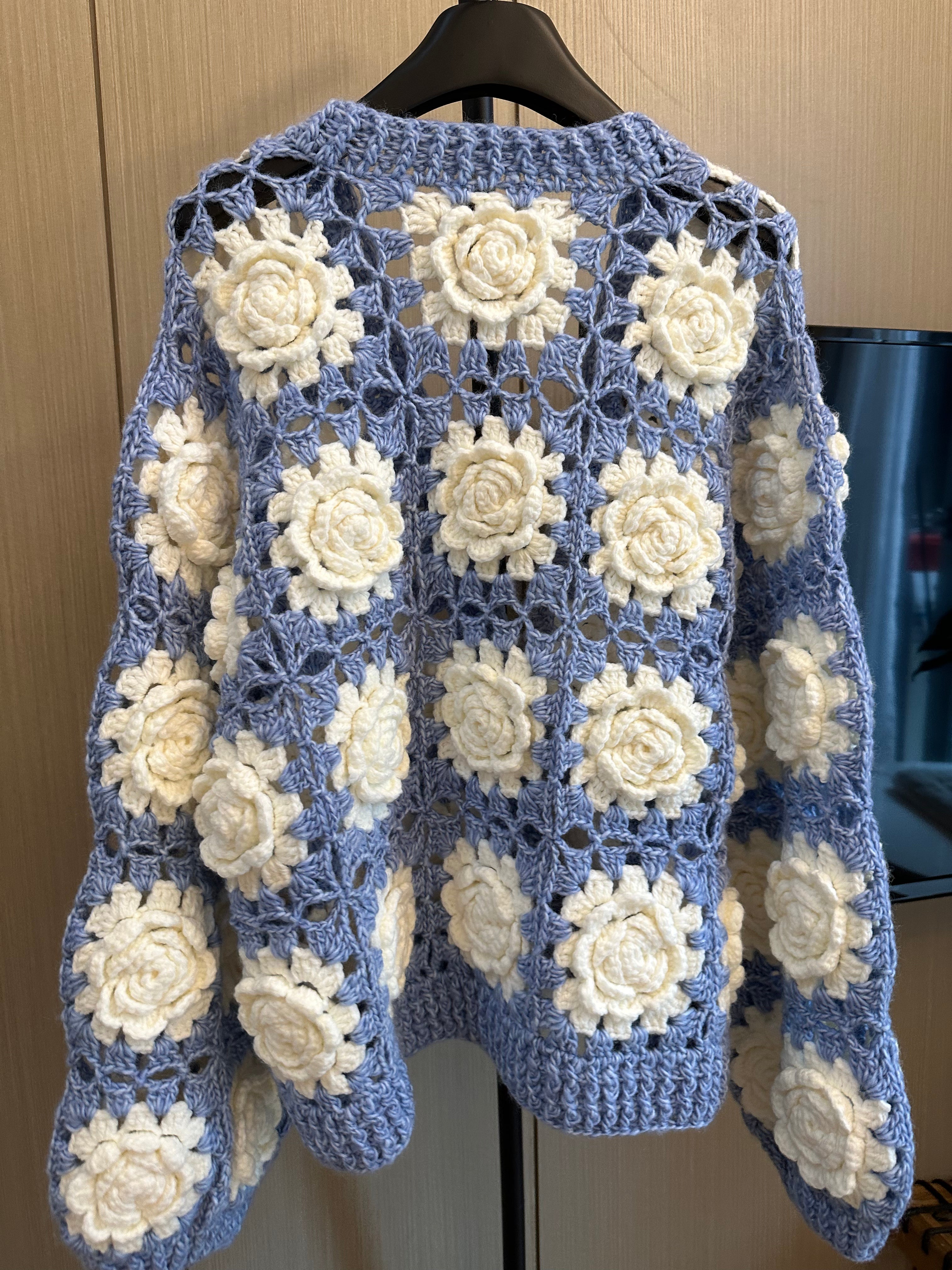 Women's Handknitted Sweater V-neck Cardigan Outfits 3D Hollow White Flowers Crochet Design Cozy Fashion Knitwear Knitting Tops Long Sleeve