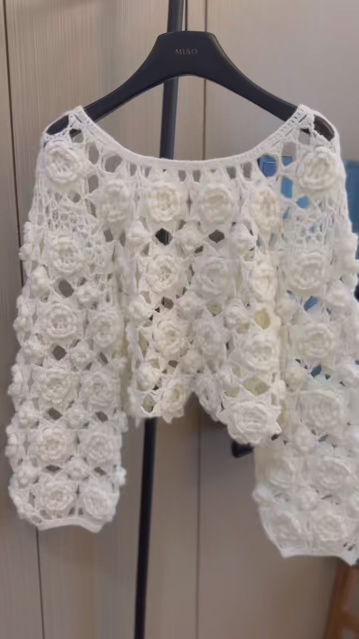 Women's Handknitted Sweater High-waist Women's Top Rave Outfits 3D White Flowers Hollow Design Wool Material  Knitting