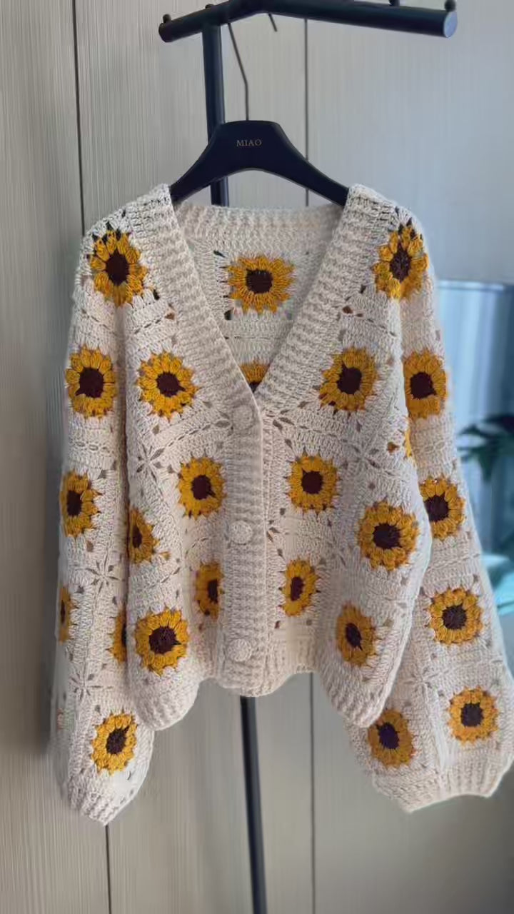 Women's Handknitted Sweater Cardigan Outfits 3D Hollow Sunflowers Crochet Design Cozy Fashion  Knitwear Knitting Tops Long Sleeve