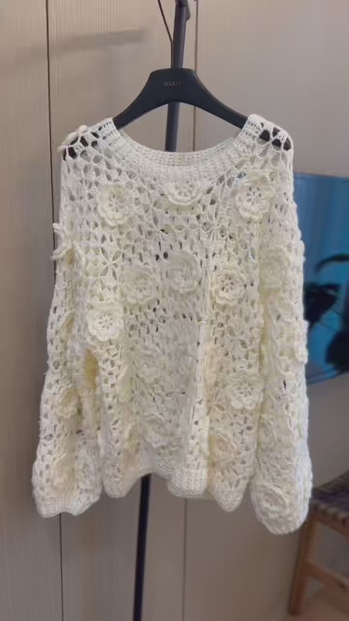 Women's Handknitted Sweater Oversized Women's Top Rave Outfits 3D White Flowers Hollow Design Wool Material  Knitting