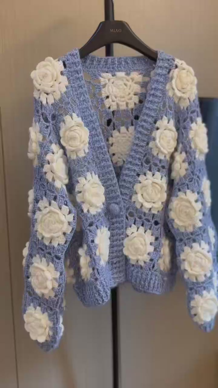 Women's Handknitted Sweater V-neck Cardigan Outfits 3D Hollow White Flowers Crochet Design Cozy Fashion Knitwear Knitting Tops Long Sleeve