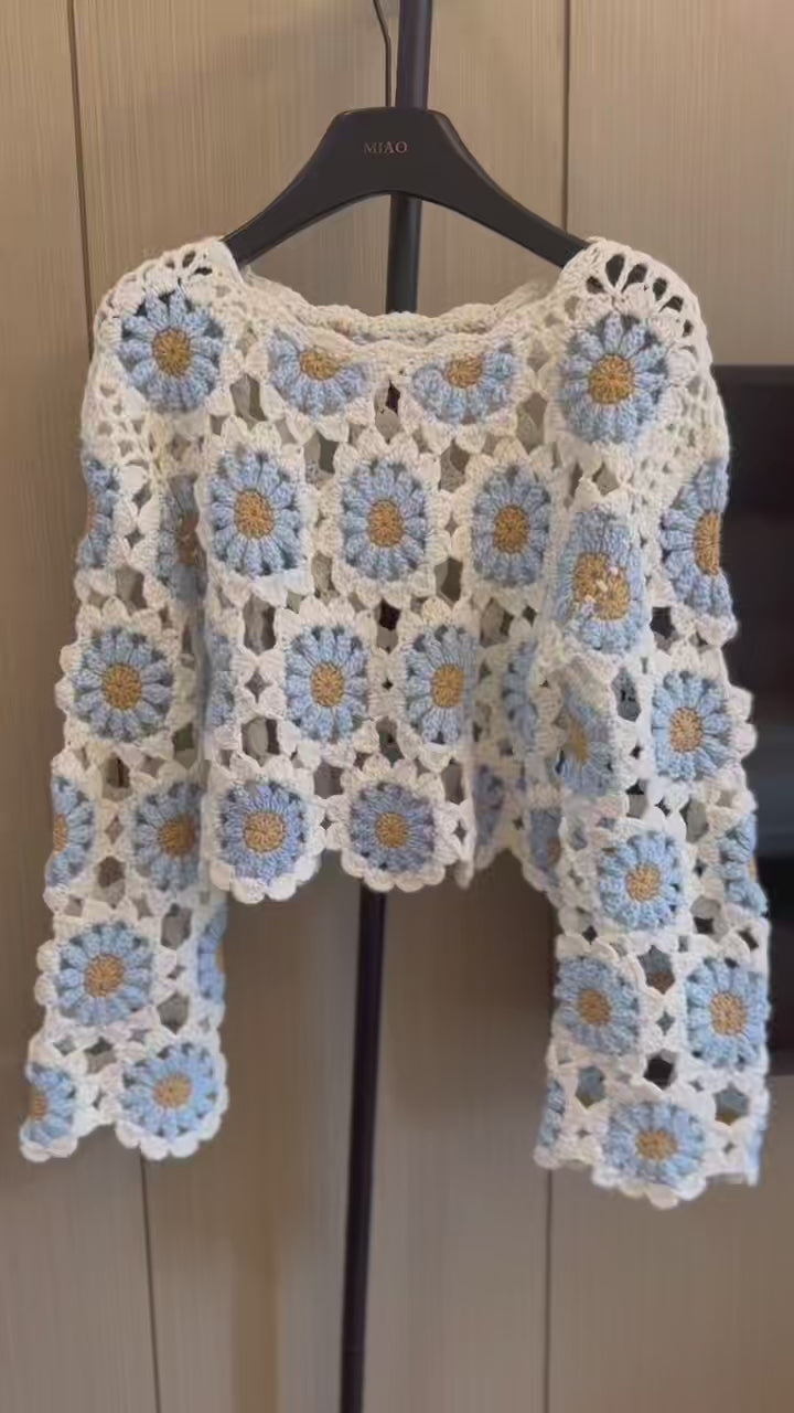 Women's Handknitted Sweater Wool Crop Top Outfits 3D Blue Flowers Crochet Design Fashionable Hollow Knitwear Handmade Womenswear Basic Style